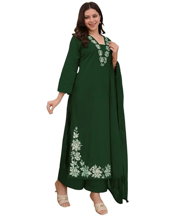 ANNI Designer Pure Cotton Embroidered Kurta Set for Women | Rust Orange Kurta with Pants & Dupatta | Floral Neck & Hem Embroidery